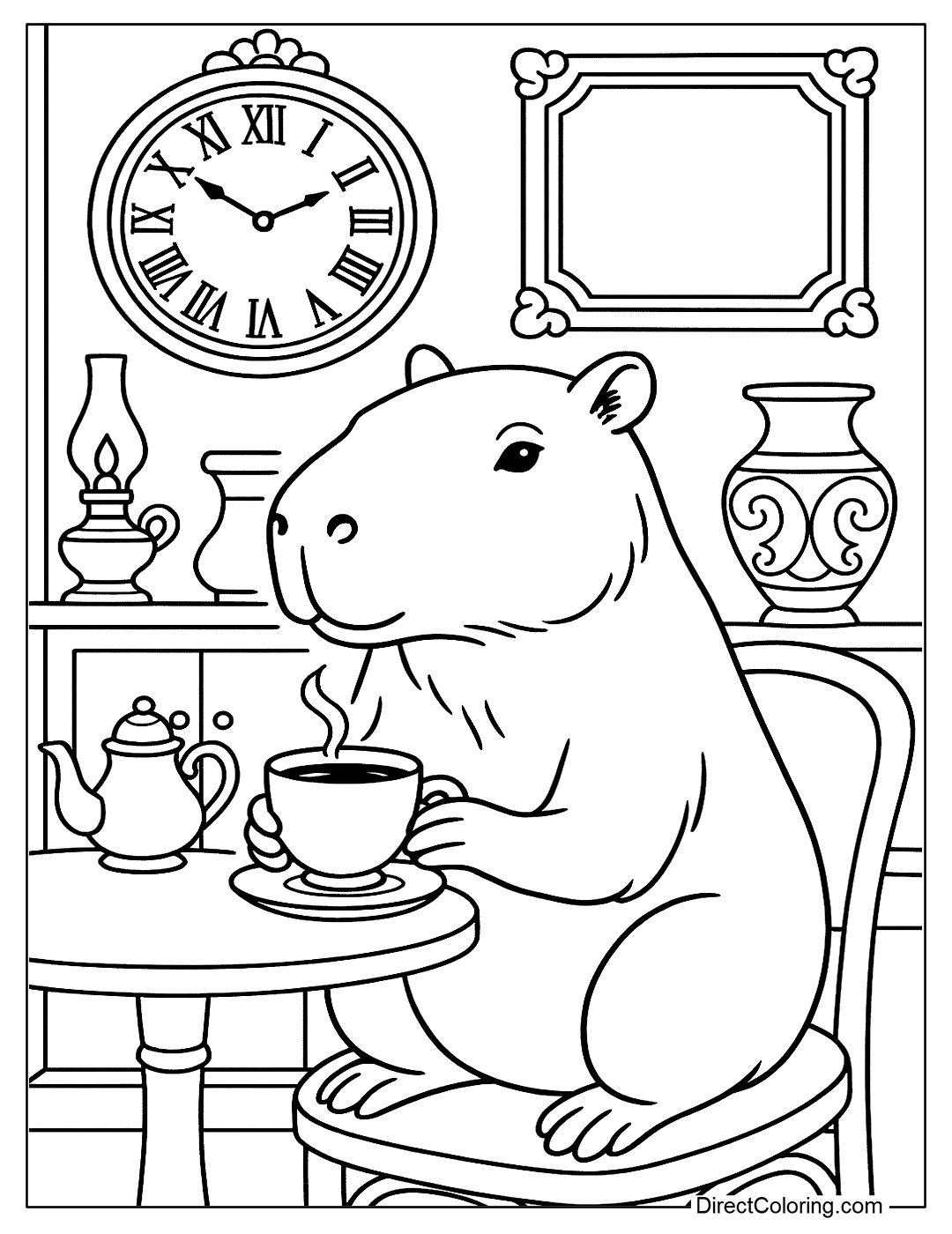 Capy Bara sitting in a corner of an old coffee shop, holding a cup of black coffee coloring